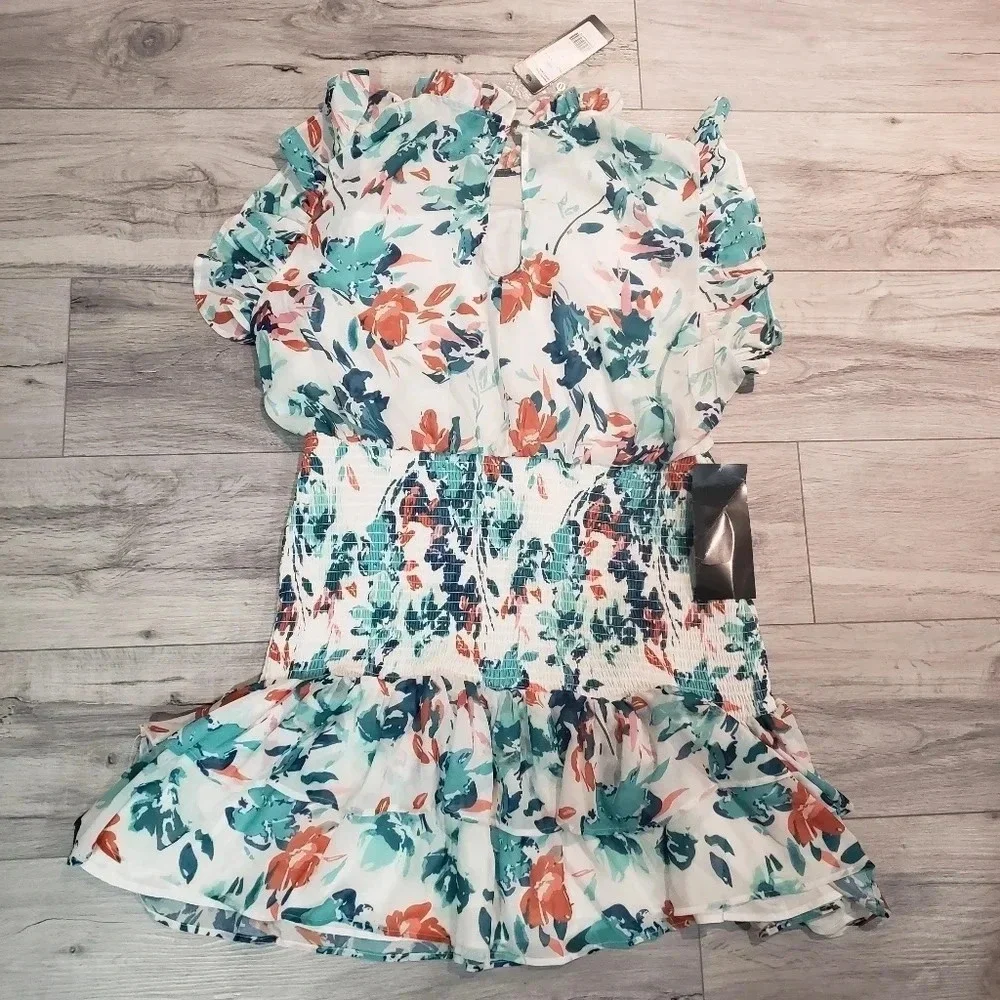 bebe White Floral Mini Dress with Teal and Coral Accents - Picture 2 of 14